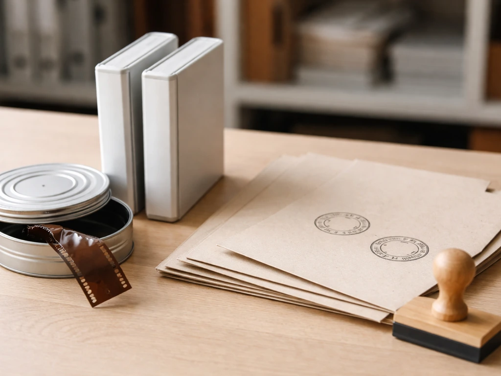 Film reels and stamped archival folders on a small table, suggesting rights management and licensing.