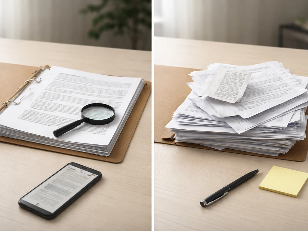 Minimal desk scene showing credible documents on one side and messy unverified papers on the other.