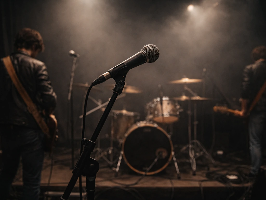 Empty stage microphone with blurred rock-band silhouettes and cables in low concert light