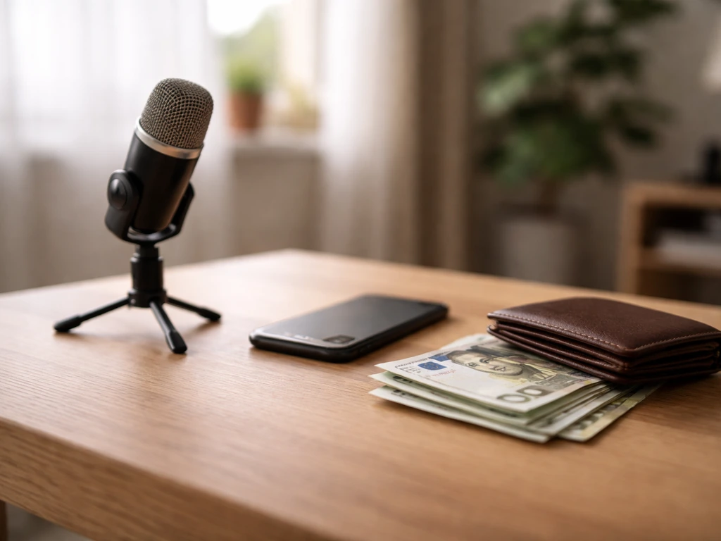 Minimal photo of a quiet desk with a smartphone, cash, and a microphone, symbolizing income sources and estimates.