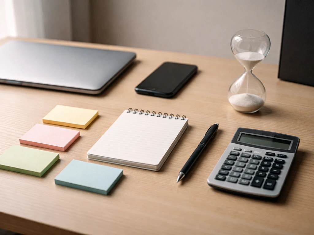 Minimal analyst desk with blank notepad, pen, calculator, sticky notes, and hourglass suggesting a net-worth workflow.