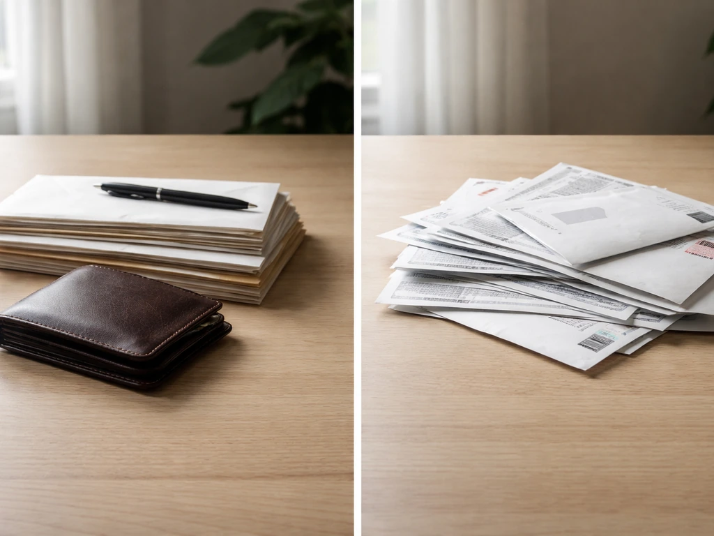 Minimal split scene showing a concept of assets versus liabilities with money and bills on a desk