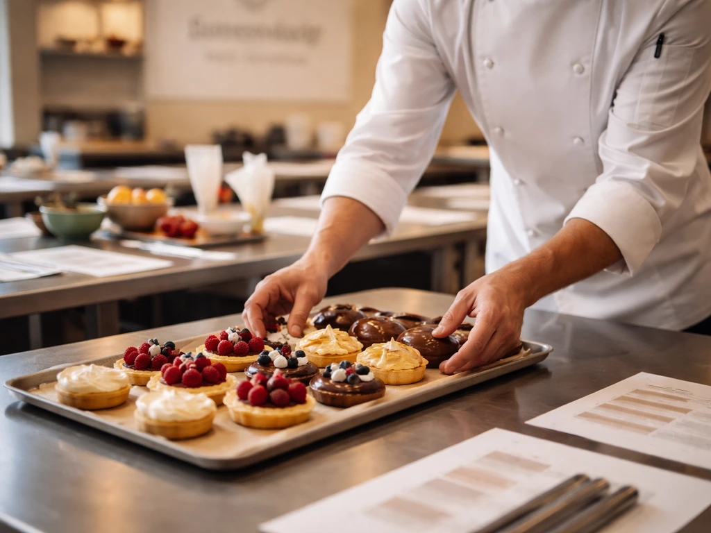 Anonymous instructor demonstrating pastries at a quiet pastry academy classroom with tools and course materials.
