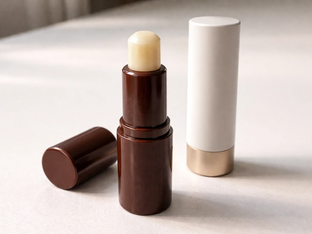Handcrafted chocolate lip-balm replica next to minimalist beauty packaging on a clean surface.
