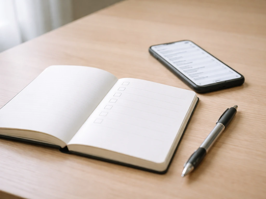 An open notebook with blank checkboxes beside a smartphone showing a search results page, tidy desk scene.