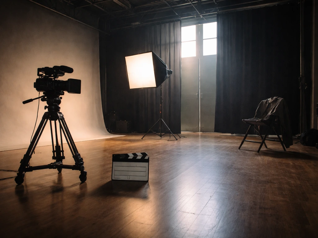 Empty film/TV studio set with camera and softbox lights in a Quebec-like production space