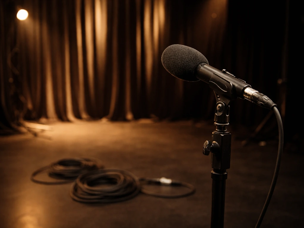 Close view of a microphone on a theatre set with curtains and cables in soft stage lighting.