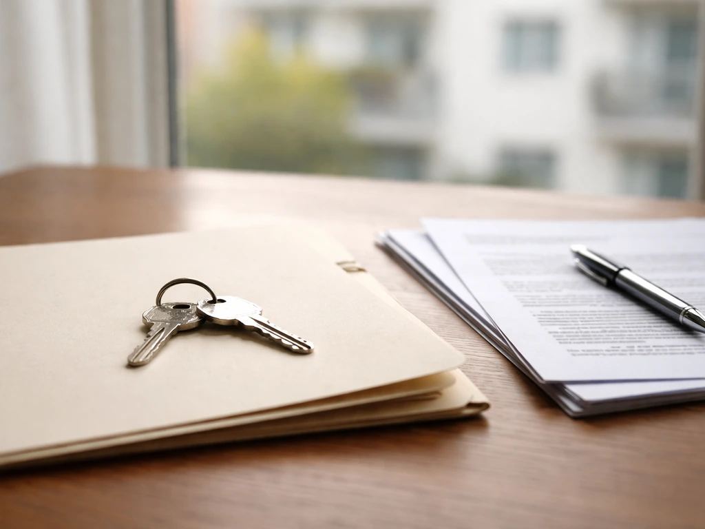 Close-up of house keys on a document folder on a wooden table near a window.