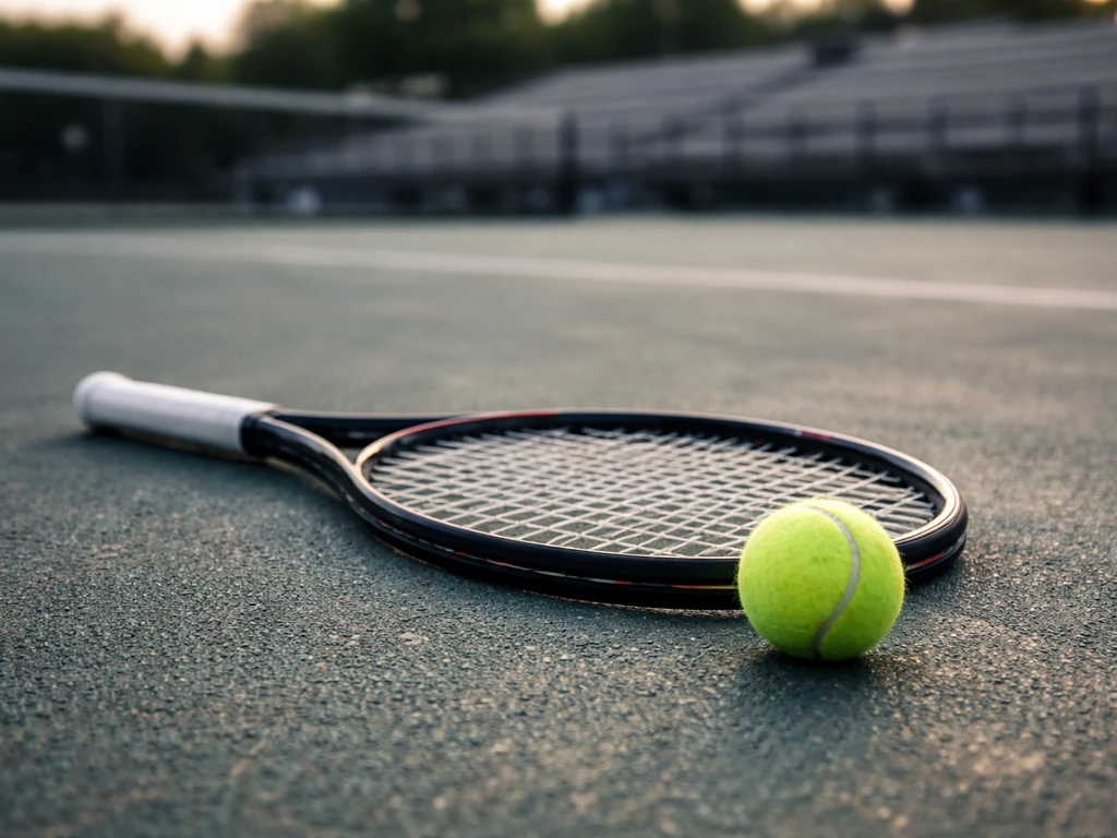 Tennis racket and ball on a court with a blurred grandstand, hinting at a pro tennis career backdrop