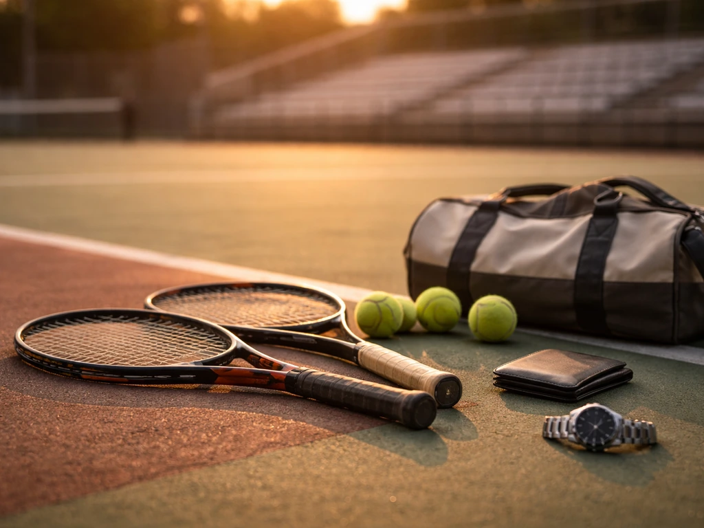 Tennis rackets and balls on a quiet court with a wallet and sports watch symbolizing earnings.