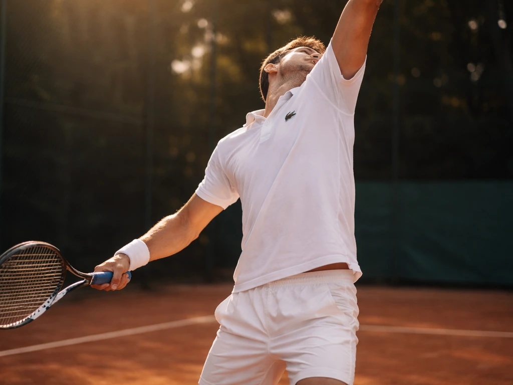 Anonymous tennis player in a white Lacoste-style outfit on a quiet outdoor court, serving mid-action.
