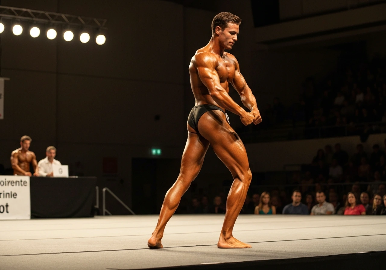 Anonymous bodybuilder in a stage pose at a vintage competition under warm lights