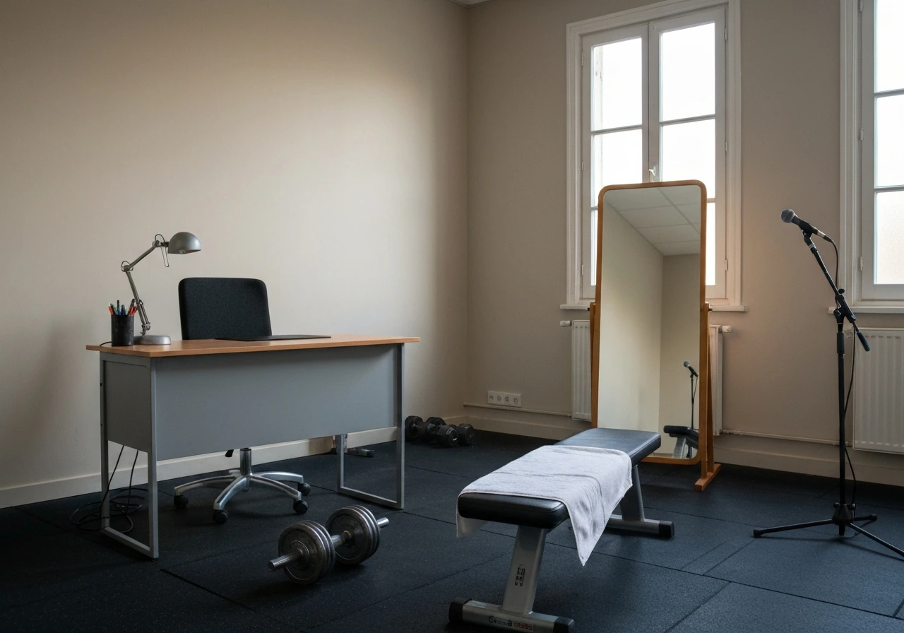 Minimal bodybuilding coaching setup in a quiet gym room with weights, bench, and a microphone stand.