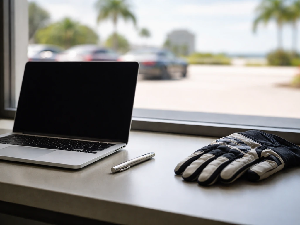Anonymous desk in a Florida office with laptop and racing gloves, symbolizing business and motorsport.