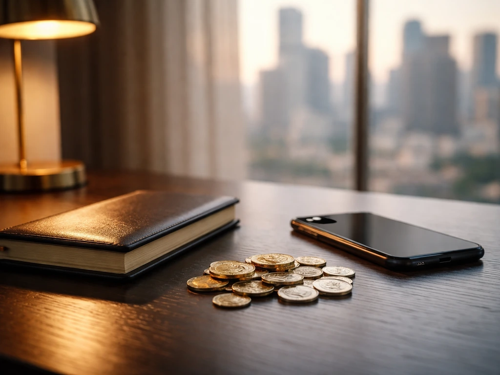 Minimal luxury desk with coins and a notebook, warm light, blurred city view, no people or text.