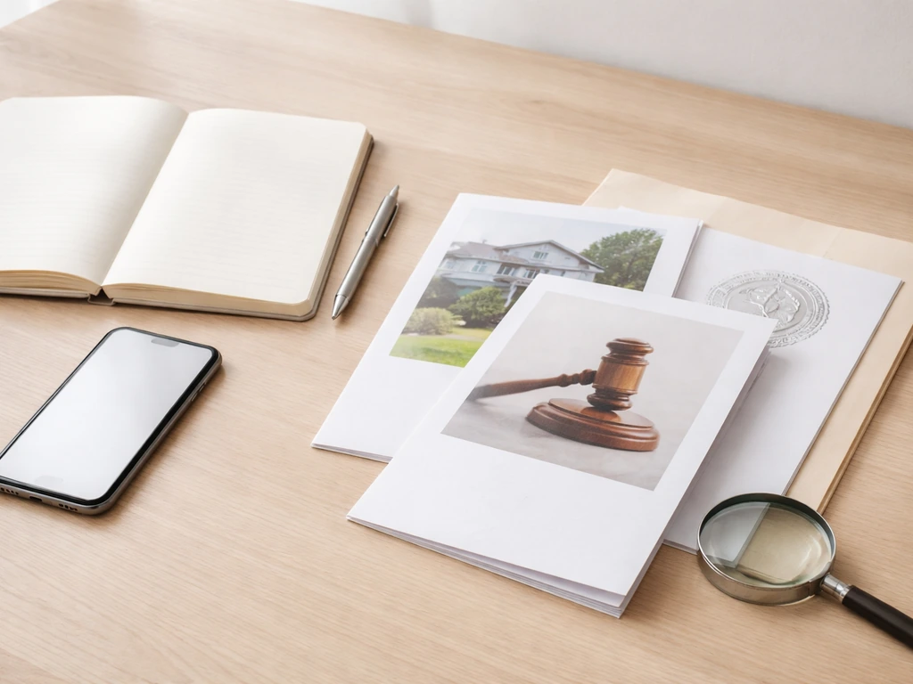Minimal office scene with a notebook checklist and three verification documents beside a smartphone
