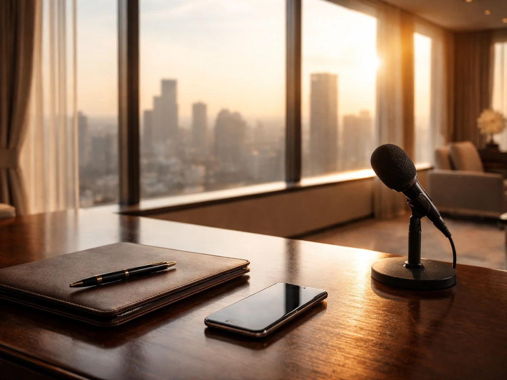 Luxury office scene with a confident professional desk setup symbolizing wealth, finance, and media analysis