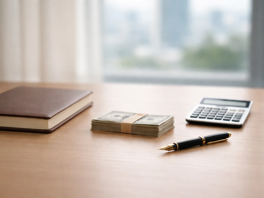 Minimal desk scene with a notebook and cash, symbolizing a net worth estimate range and confidence level