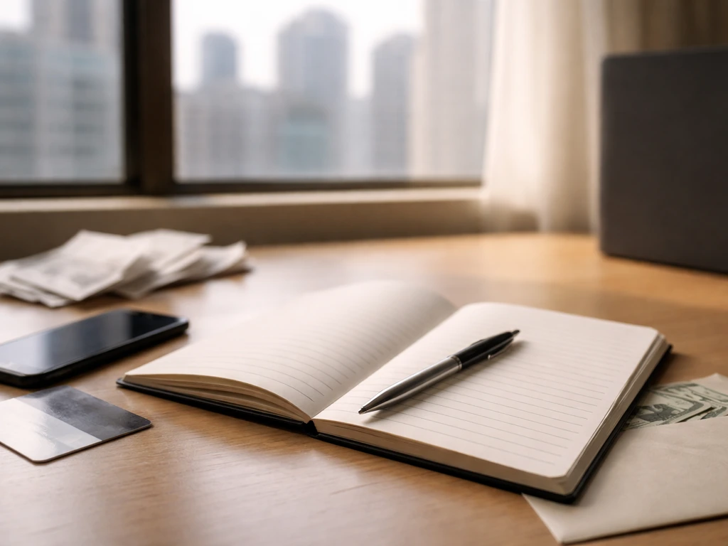 Minimal office desk scene with receipts, an open notebook, and money cues suggesting financial estimation workflow.