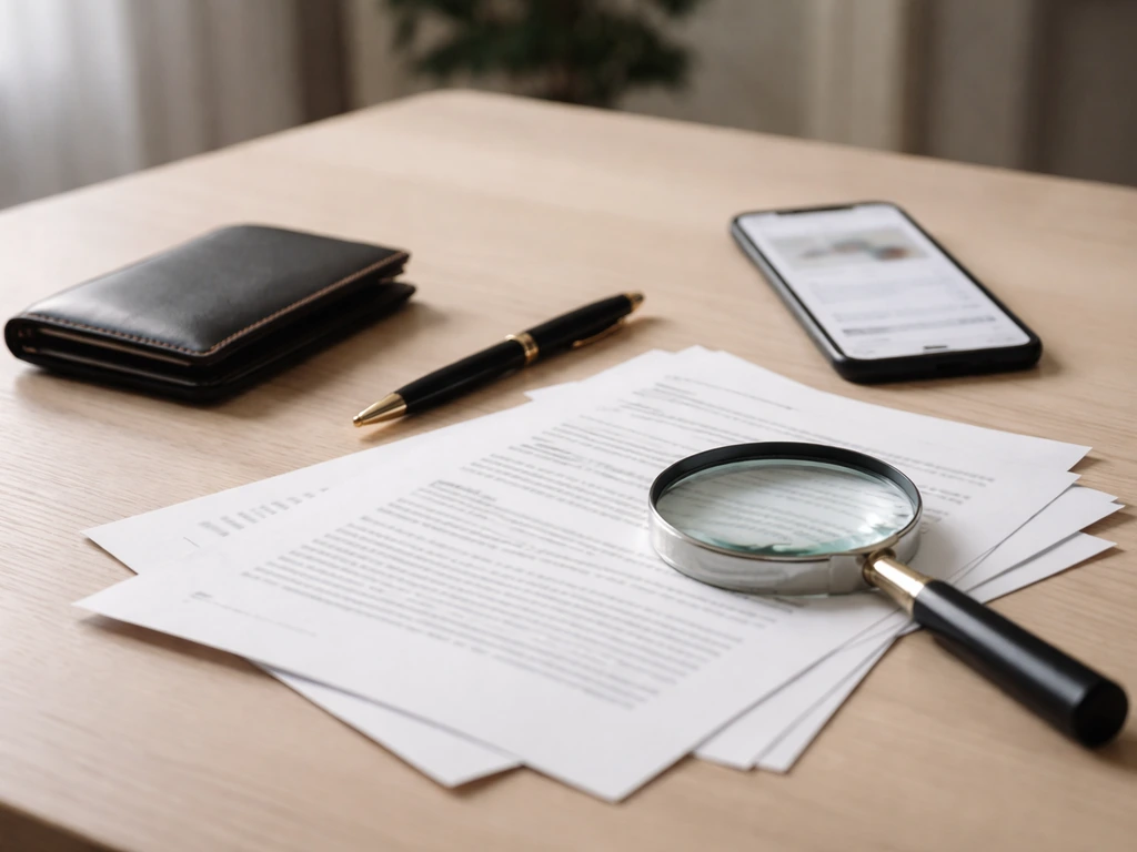 Desk with pen, annual report papers, and magnifying glass cross-checking blurred financial info