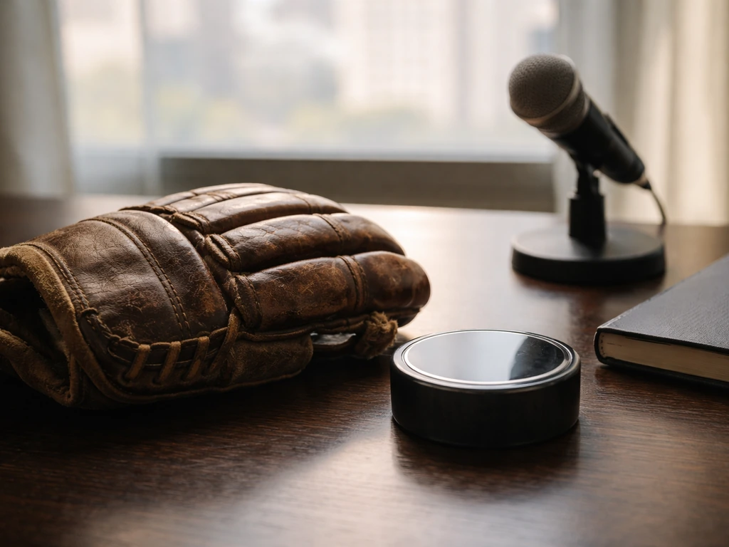 Vintage Canadiens-era hockey glove and puck on a desk beside a small microphone, office window in background.