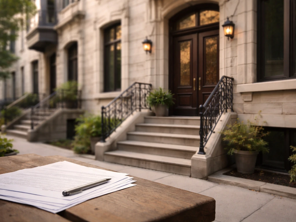 Exterior of a classic Montreal townhouse with subtle closing paperwork vibe, symbolizing real-estate investing