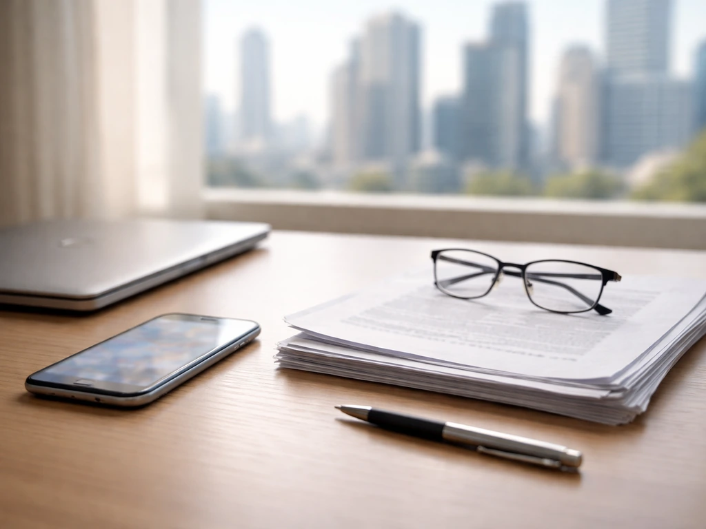 Minimal office scene with business documents and a smartphone showing blurred social profiles to avoid name ambiguity