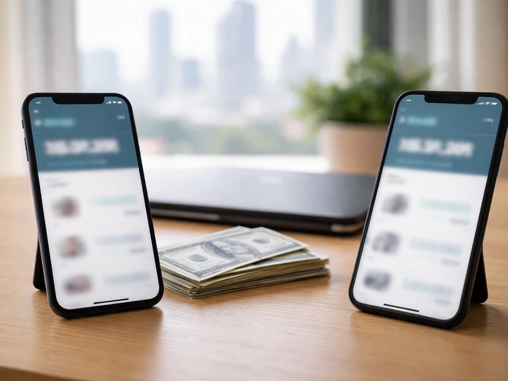 Two smartphones on a desk showing blurred, different finance figures, with money and a laptop nearby.
