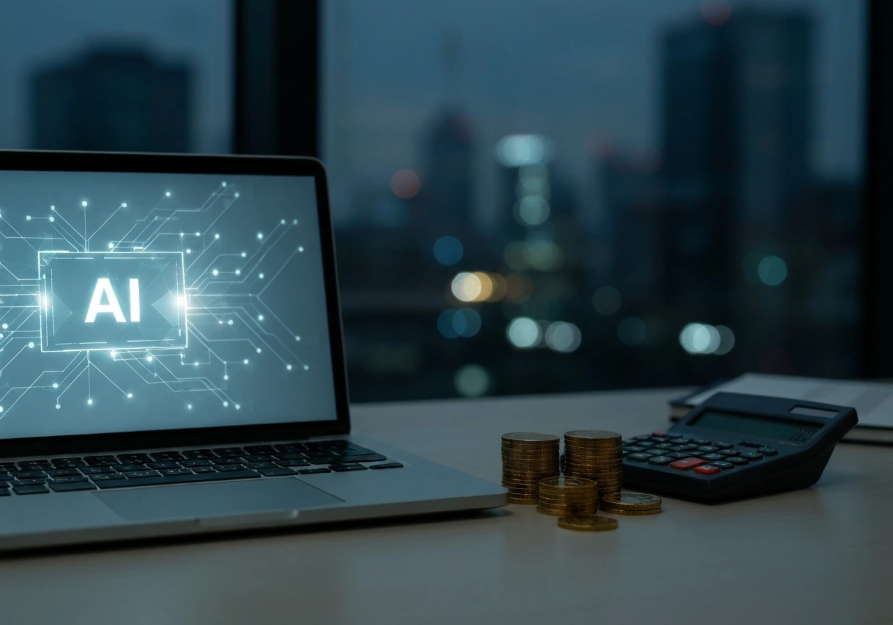 Minimal desk scene with laptop showing abstract AI glow and gold coins symbolizing Claude AI valuation.