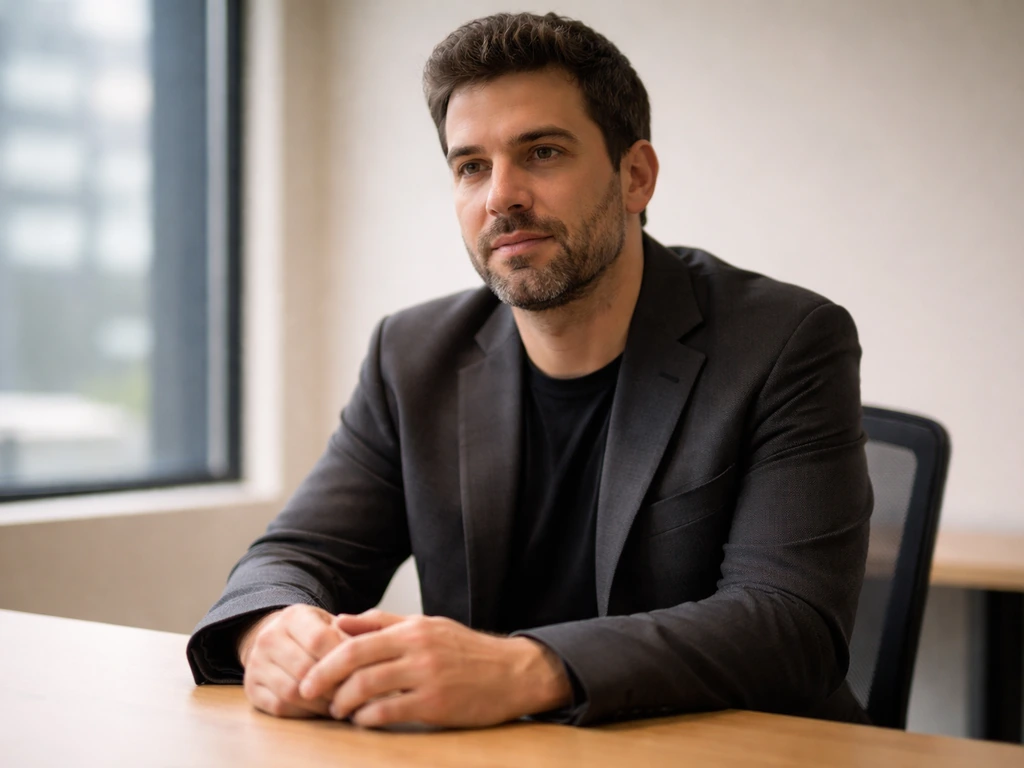 Dario Amodei seated in a quiet modern office with natural light, blurred background, no logos or text.