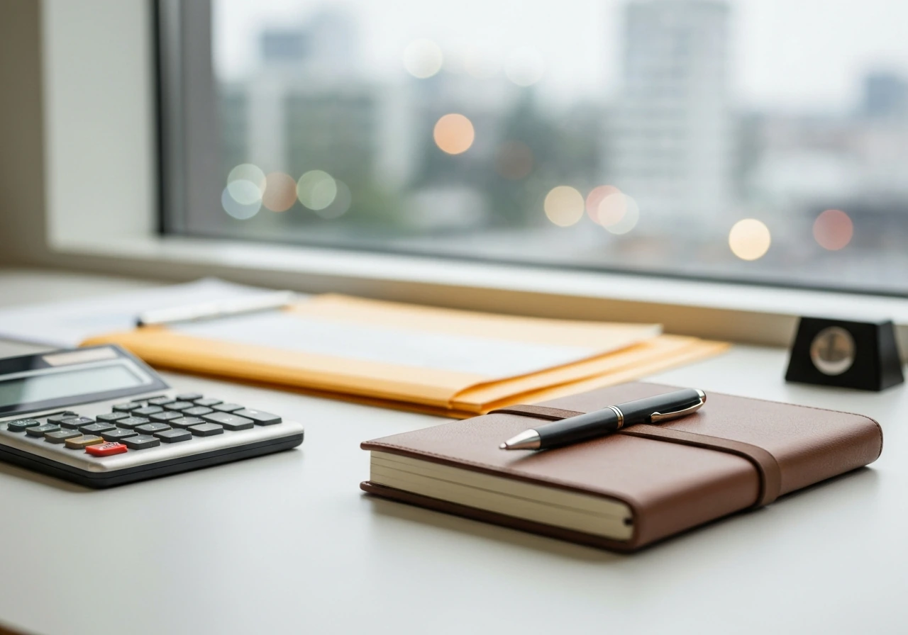 Minimal close-up of a tidy finance desk with notebook, pen, and blurred funding-related documents in soft light