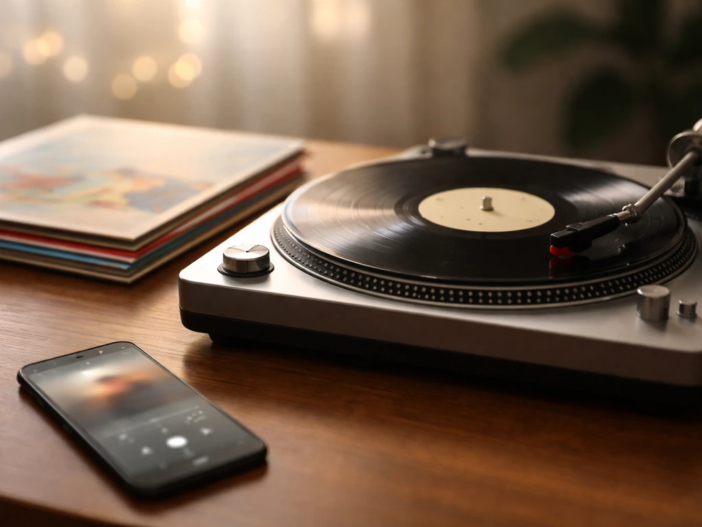 Close-up of vinyl record and stacked music albums beside a turntable with a glowing phone screen.