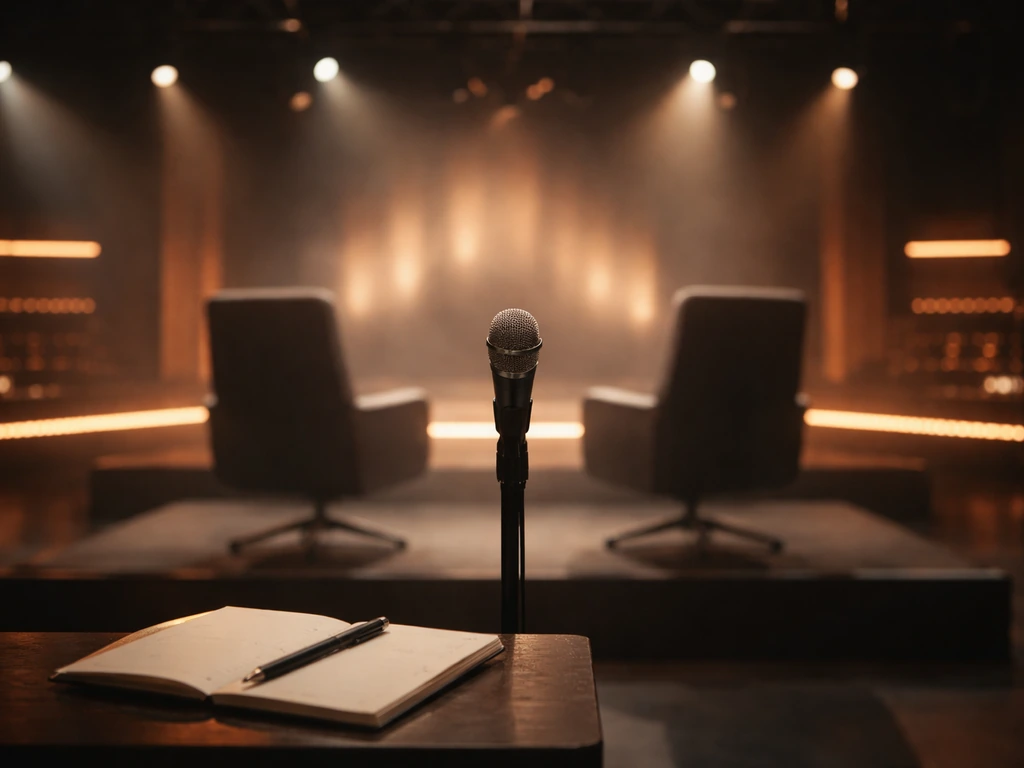 Empty TV talent-show studio with microphones and coaching chairs, symbolizing TV appearances and income.