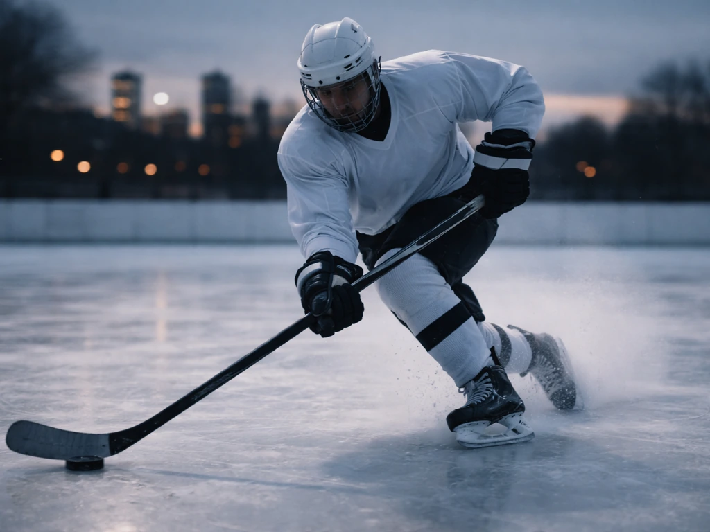 Anonymous hockey player skating on an outdoor ice rink at dusk, sporty scene tied to public-profile wealth interest.