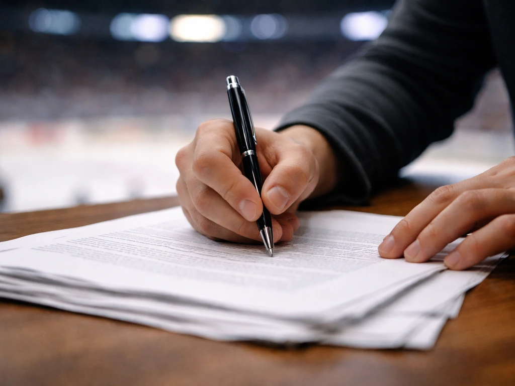 Anonymous hands signing printed sports contract pages on a wooden desk in natural light.