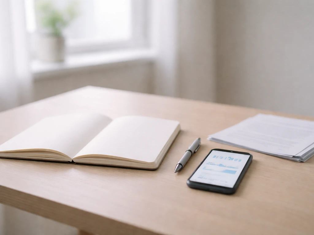 Minimal analyst desk with open notebook, pen, and printed papers suggesting public net-worth methodology.