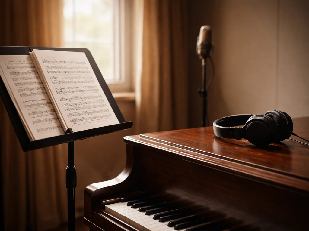 Quiet recording studio with sheet music, studio headphones, and a vintage microphone, symbolizing classical pianist iden