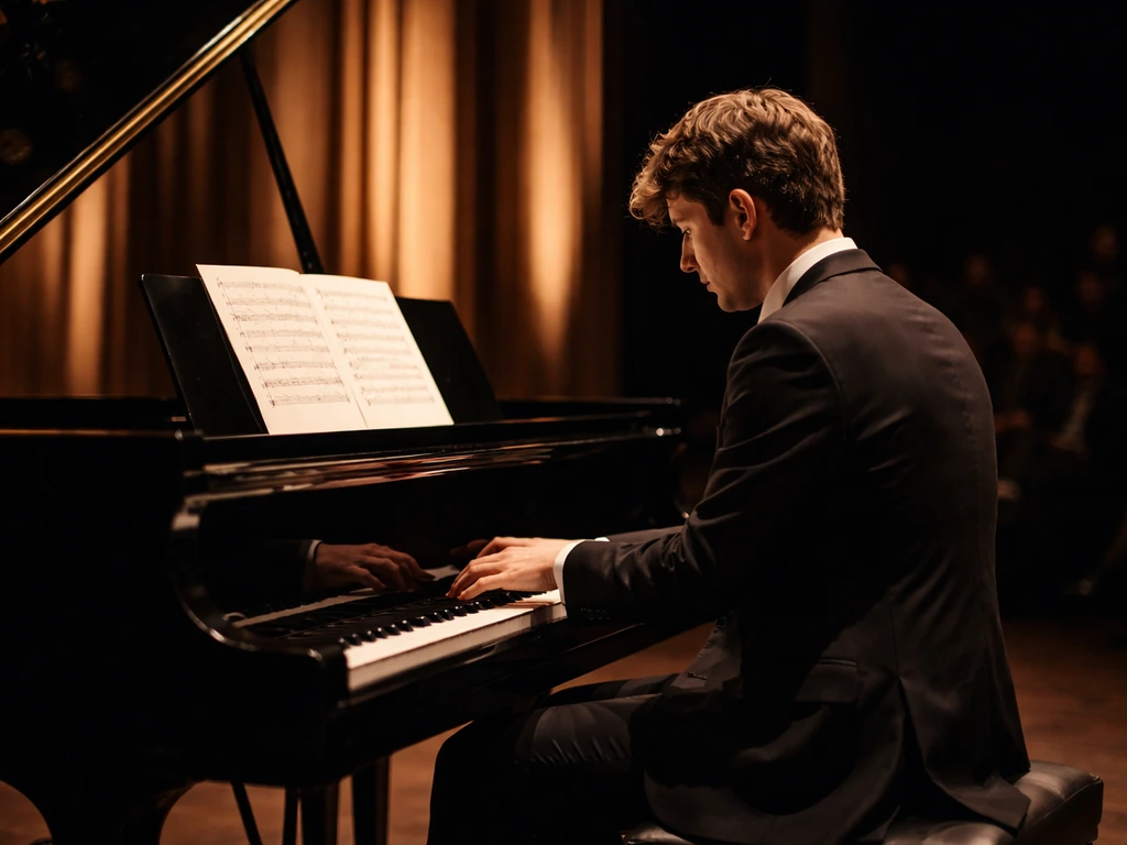 A classical pianist performing on stage at a concert, with a grand piano under warm theater lights.