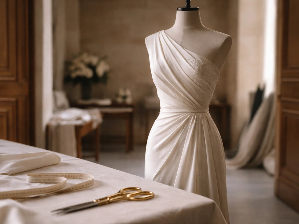 Minimal Beirut couture atelier scene with a draped dress form and tailoring tools on a worktable.