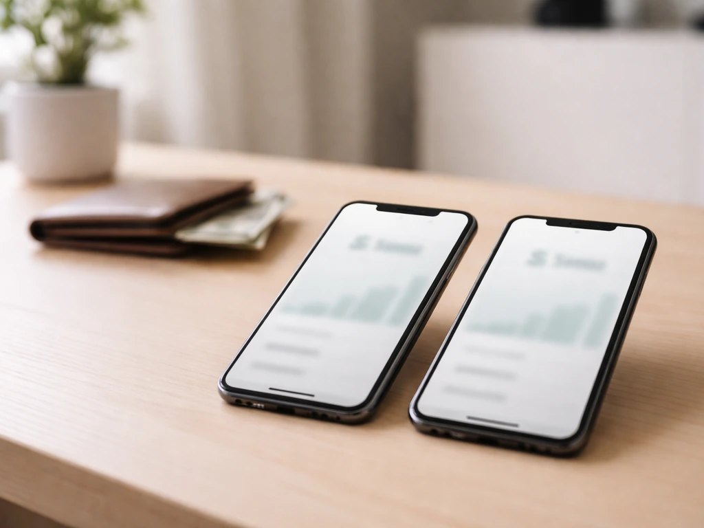 Minimal desk scene with two smartphones showing blurred, unreadable net-worth style screens side-by-side.