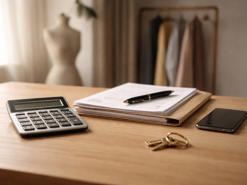 Minimal desk with calculator and documents beside a garment rack, symbolizing assets minus liabilities.