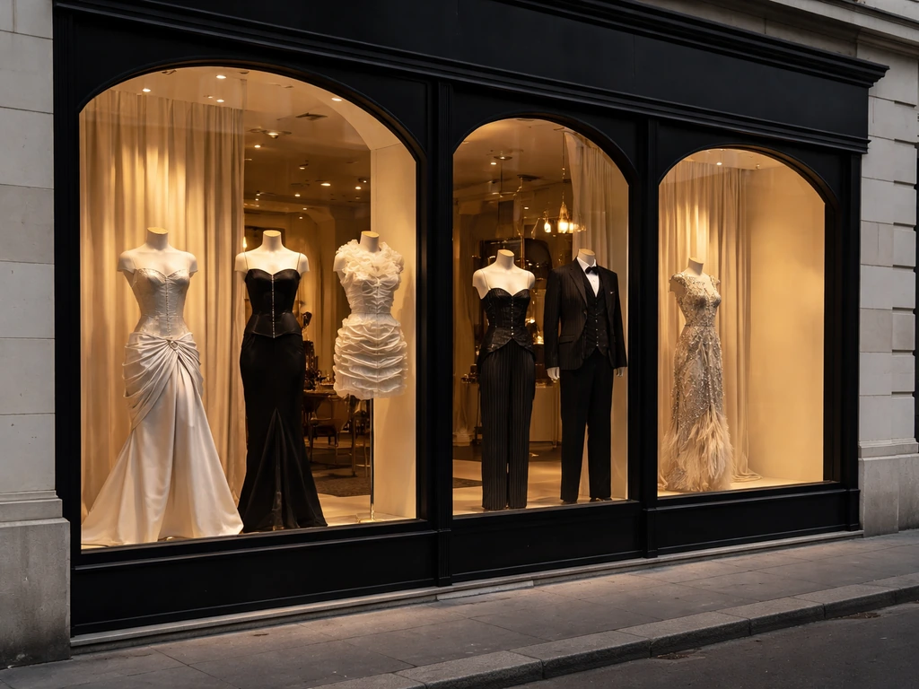 Premium fashion boutique storefront with mannequins and couture-inspired garments in softly lit windows.