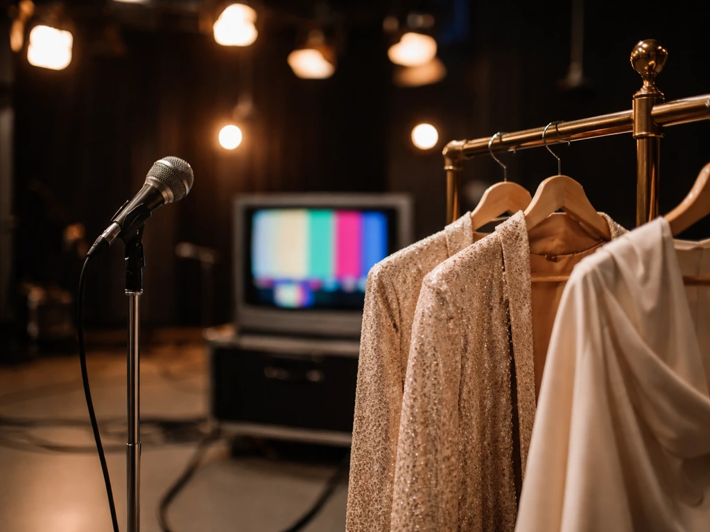 Vintage TV studio scene with CRT screen color bars, microphone, and a small fashion garment rack.