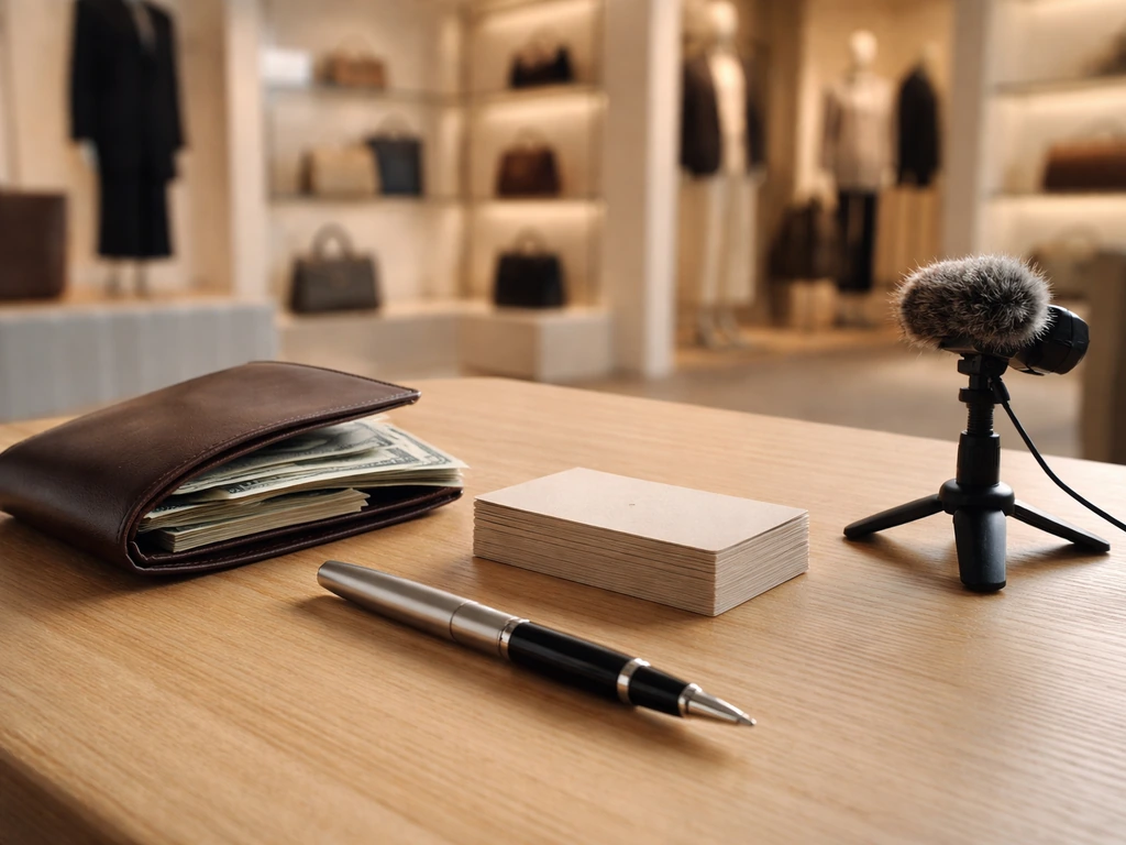 Minimal fashion studio desk with wallet, pen, microphone, and blurred luxury showroom background, no people.