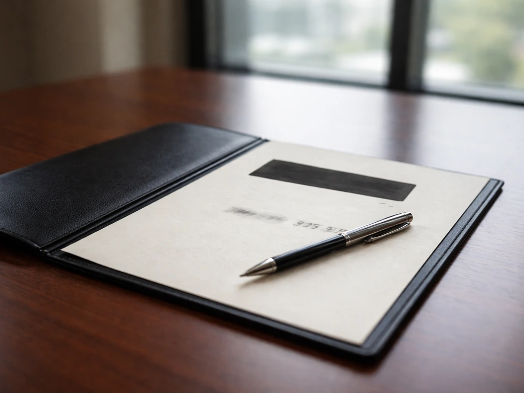 Close-up of a document and pen on a wooden desk, suggesting executive compensation evidence.