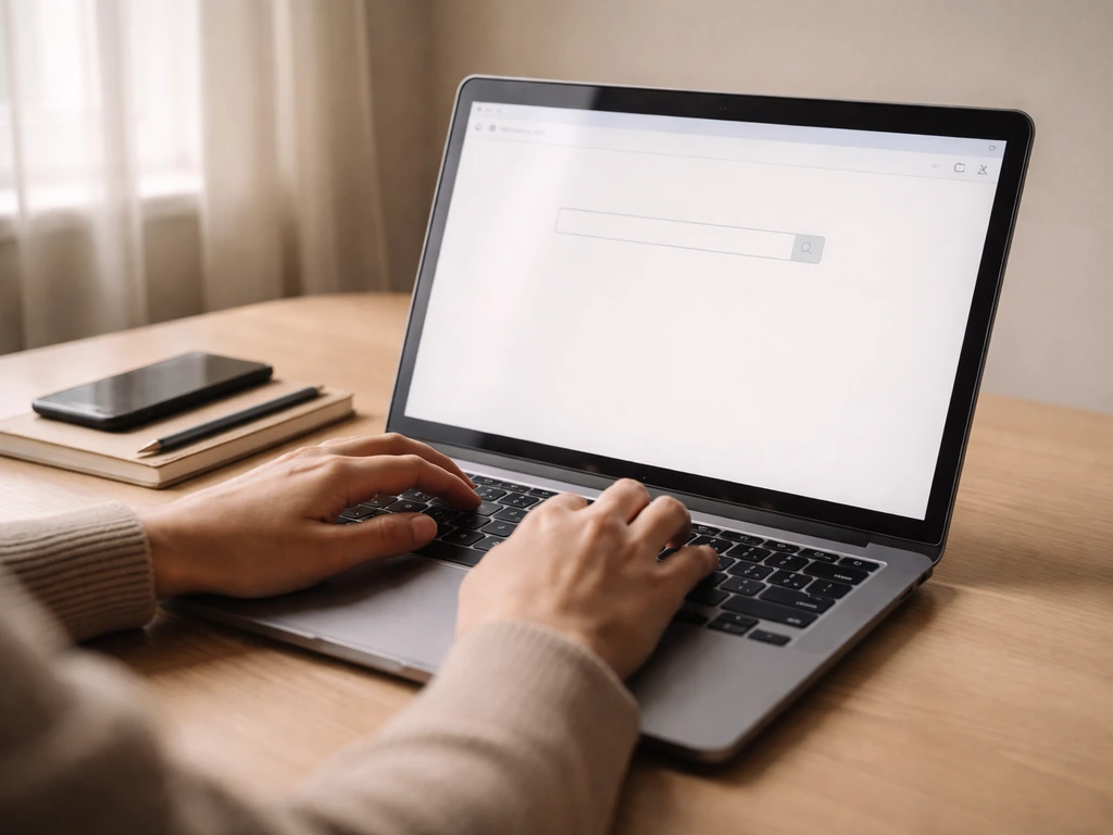 Hands using a laptop to search an SFC-style disclosure database for a stock term and code.