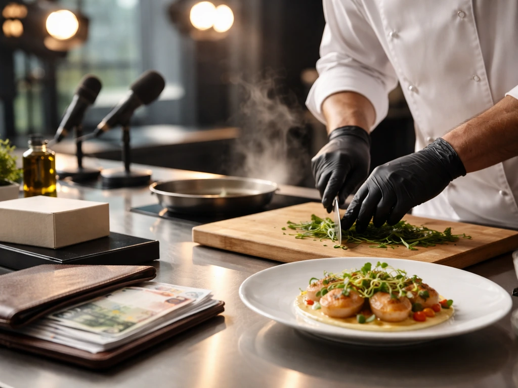 Empty TV studio kitchen setup with a chef’s hands preparing food beside microphones and cash-like props