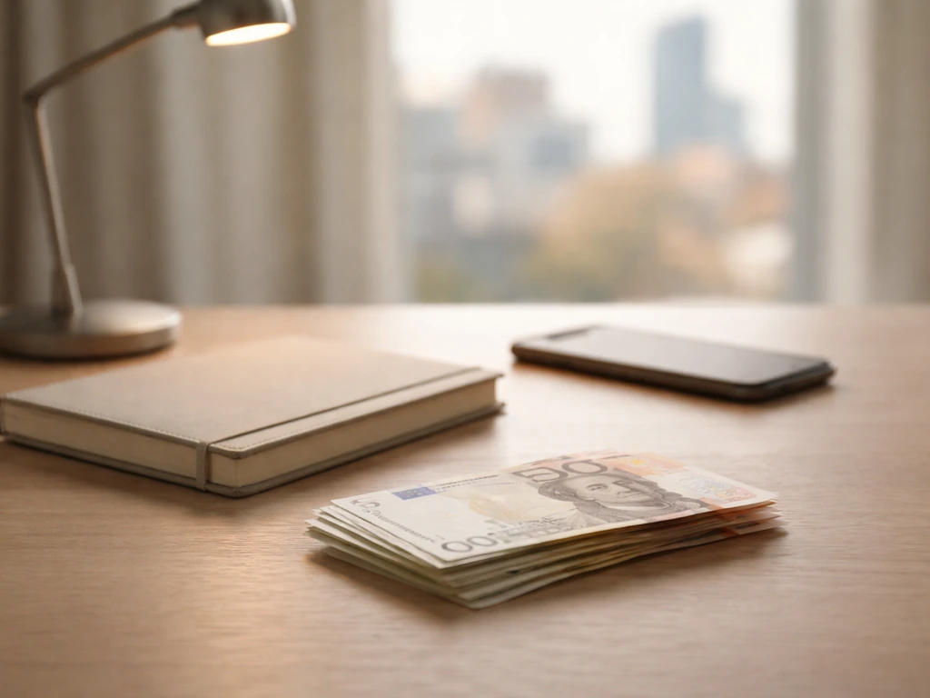 Minimal office desk with euro cash, notebook, and phone symbolizing a net-worth range.