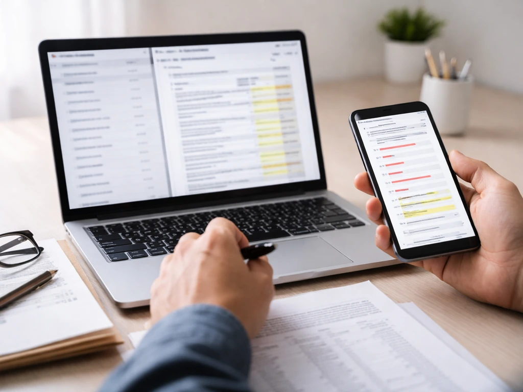 Hands reviewing blurred corporate listings and annual accounts on a laptop and phone at a desk