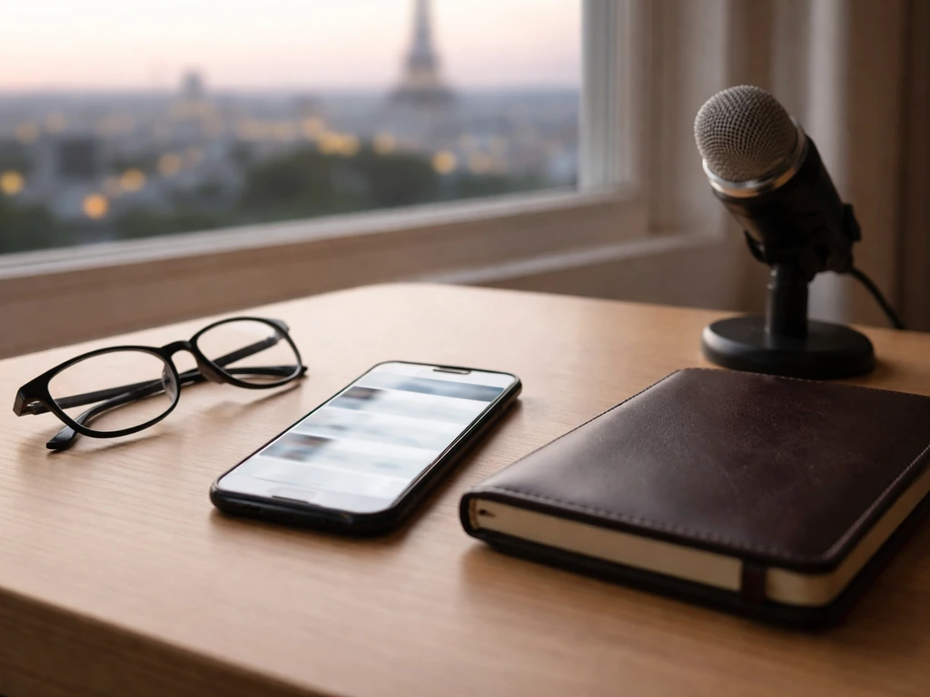 Minimal desk scene with microphone, notebook, and blurred news on phone, suggesting media wealth comparison.